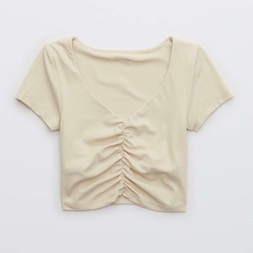 NWOT OFFLINE by Aerie Real Me Ruched Tshirt Soft Oat Beige Color XS Crop Top